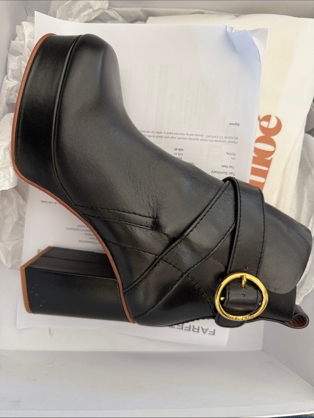 See By Chloé Black Leather Platform Ankle Boot with Gold Buckle